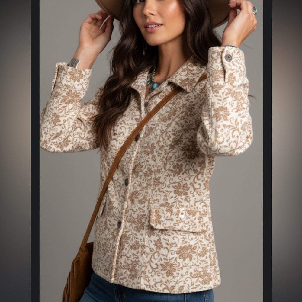 Christopher & banks floral button down jacket brown/white p/m casual bohoemian